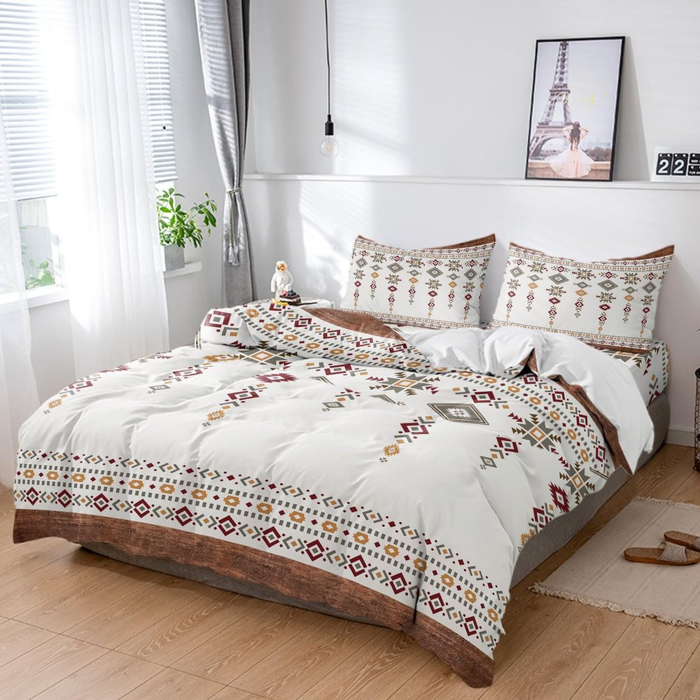 Boho Tribal Vintage Geometric Duvet Cover Sets 4 Piece California King Ultra Soft Bed Quilt Cover Set for Kids/Teens/Women/Men,Native Triangle Stripes Wood Grain Bedding Collection All Season Use