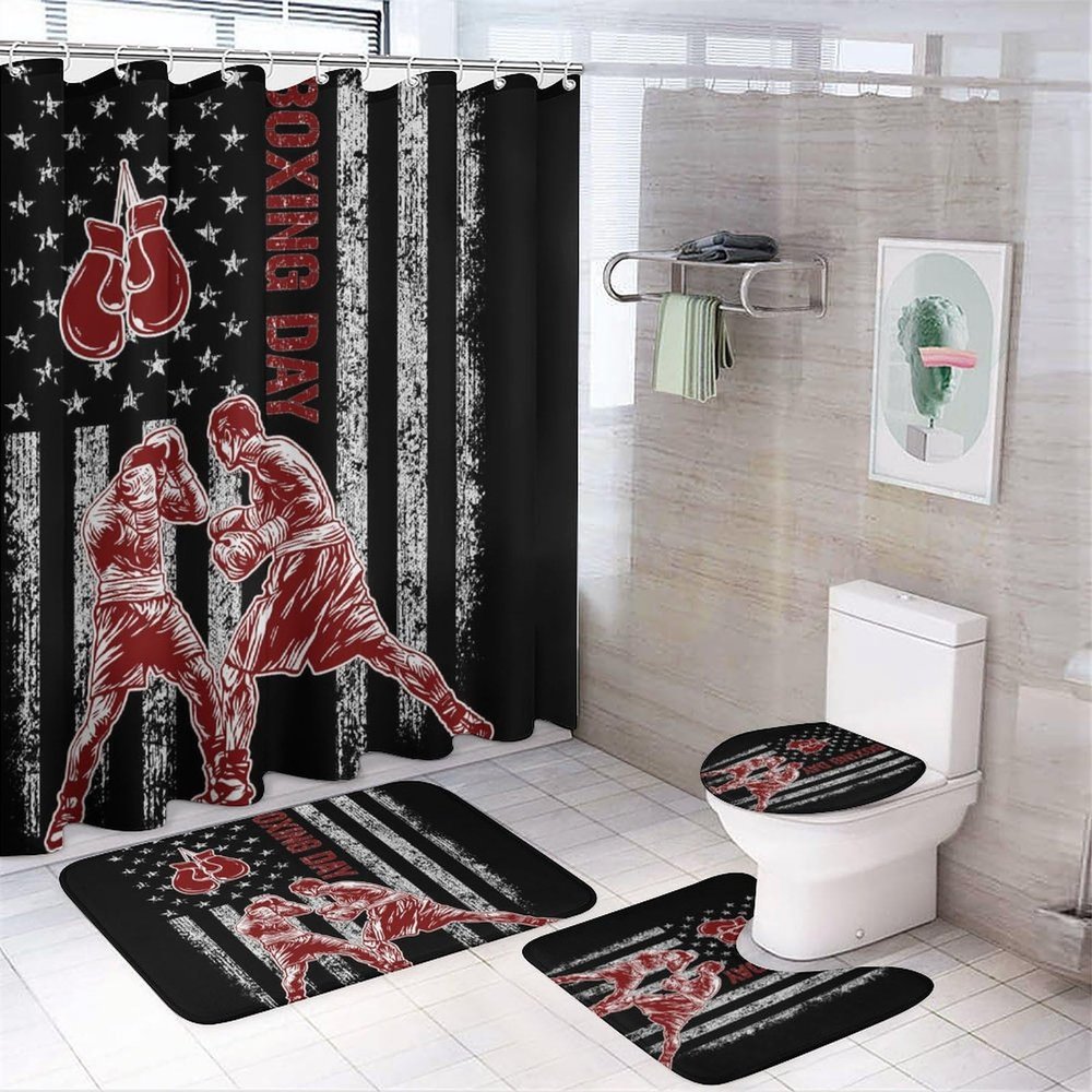 FBMLBRB Abstract Sports Theme Boxing 4 Pcs Waterproof Shower Curtain Set,Vintage Boxing Gloves Fighting Match American Flag Design with Waterproof Toilet Cover Shower Mat Rugs