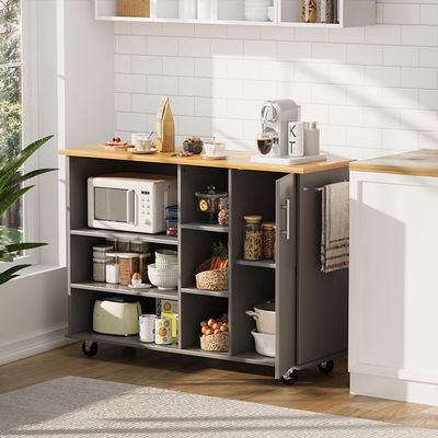 SUNLEI Kitchen Island on Wheels with Storage Cabinet & Drawer, 47.2" Large Kitchen Cabinet with Open Shelves, Cart Handle for Towel Rack or Free Mobility, Portable Islands for Kitchen(Grey)