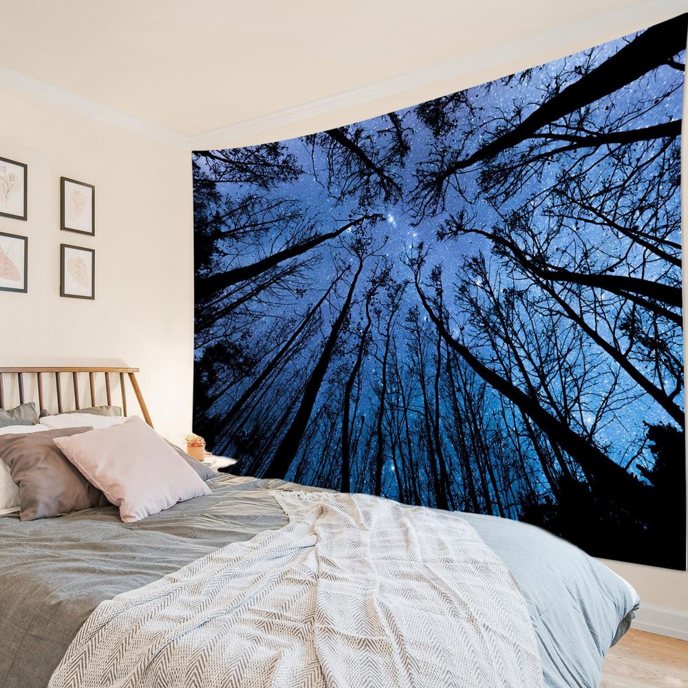LB Starry Night Forest Tapestry, Tree with Blue Galaxy Night Sky Wall Tapestry for Bedroom, Fantasy Nature Landscape Wall Hanging Tapestry Wall Art for Living Room Home Decor, 70.9L x 92.5W Inches
