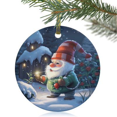 Christmas 2023 Christmas Tree Hanging Ornaments, 3" Round Double-Sided Ceramic Ornaments Decor Christmas Gnomes Winter Snowflake Xmas Poinsettia