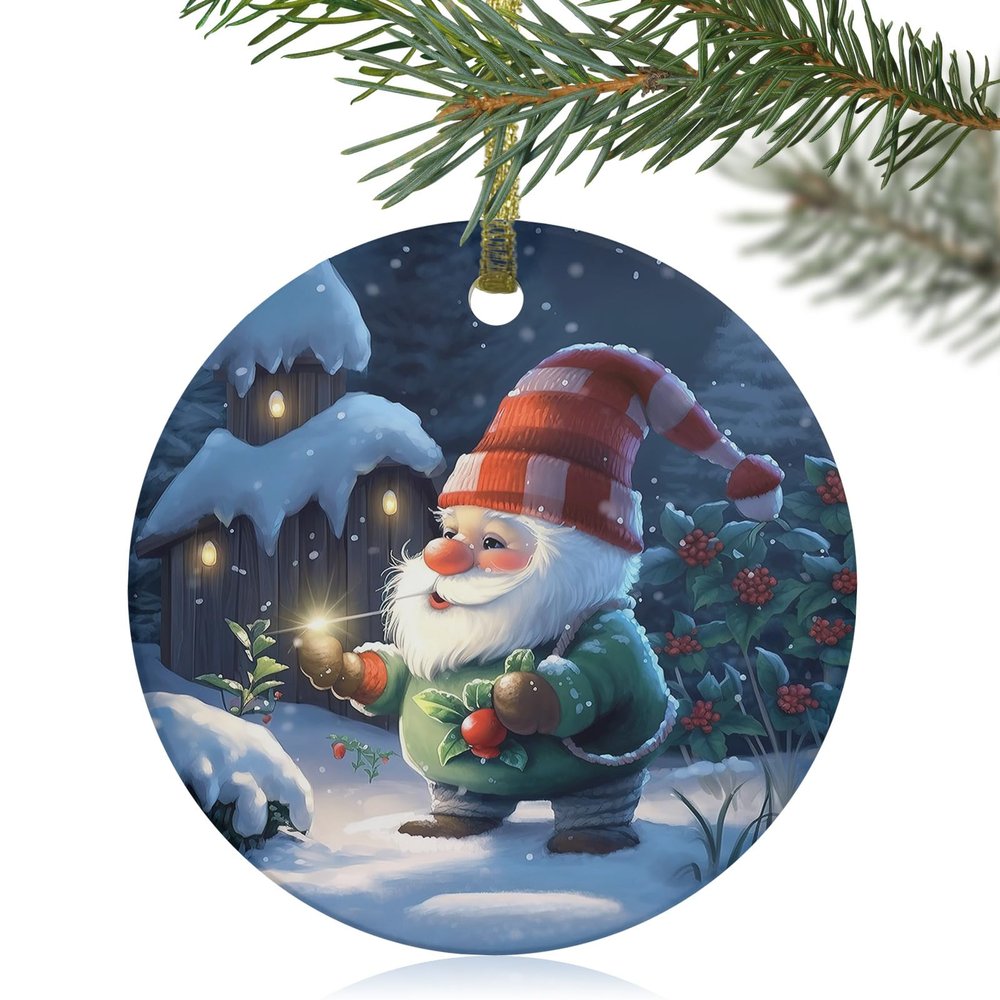 Christmas 2023 Christmas Tree Hanging Ornaments, 3" Round Double-Sided Ceramic Ornaments Decor Christmas Gnomes Winter Snowflake Xmas Poinsettia