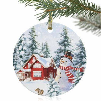 Christmas Snowman 2023 Christmas Tree Hanging Ornaments, 3" Round Double-Sided Ceramic Ornaments Decor Farm Xmas Tree Winter Snowflake