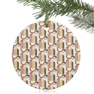 2024 Christmas Ornament Xmas Tree Hanging Accessories,Mid Century Abstract Geometric Art Christmas Tree Round Ceramic Ornaments for Holiday Party Home Decor,Modern Retro Boho Pattern