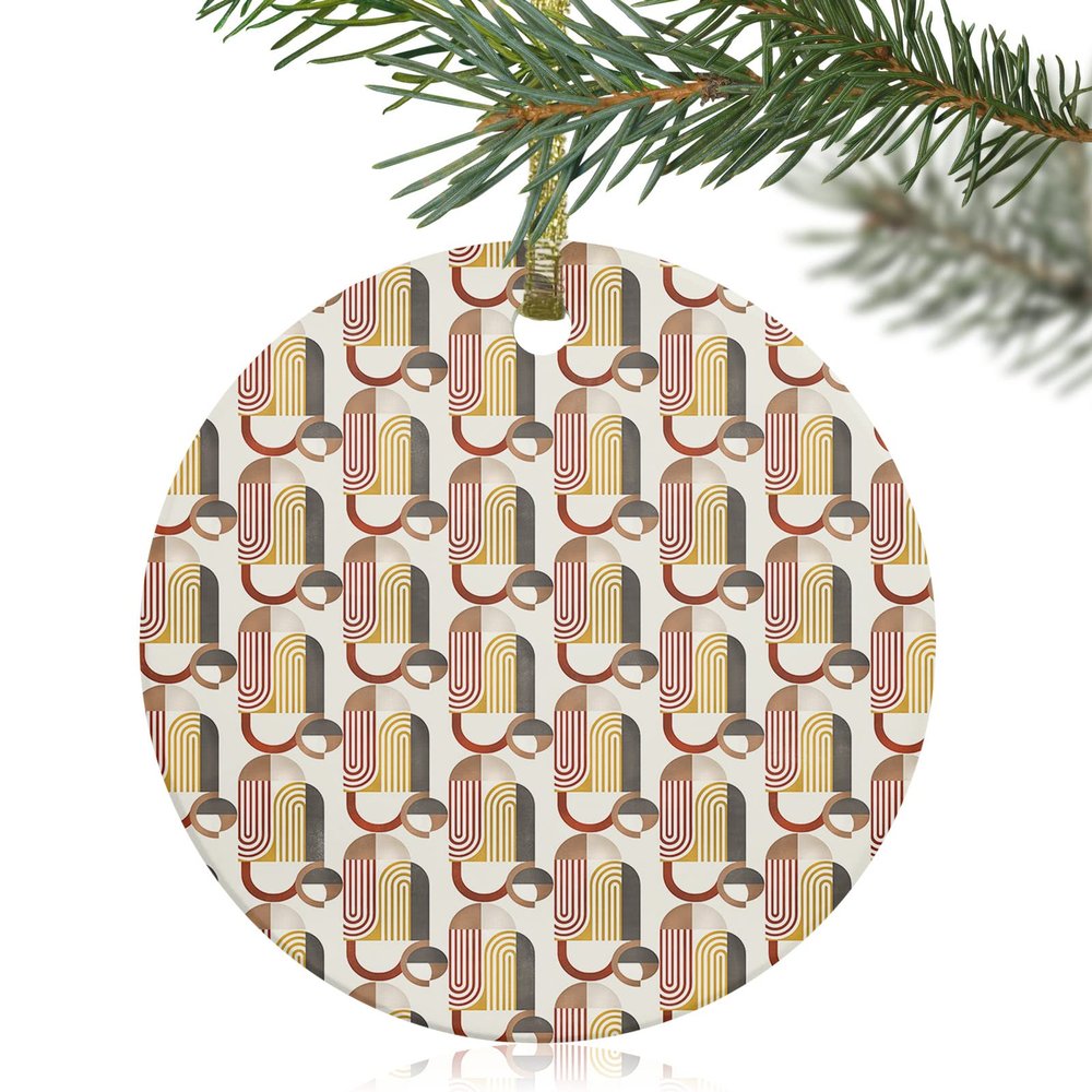 2024 Christmas Ornament Xmas Tree Hanging Accessories,Mid Century Abstract Geometric Art Christmas Tree Round Ceramic Ornaments for Holiday Party Home Decor,Modern Retro Boho Pattern