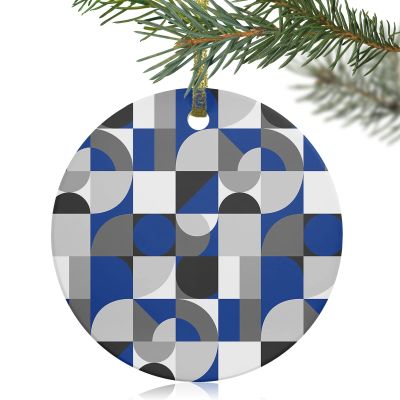 2024 Christmas Ornament Xmas Tree Hanging Accessories,Medieval Blue Gray Plaid Semicircle Geometry Christmas Tree Round Ceramic Ornaments for Holiday Party Home Decor,Nordic Color Blocks