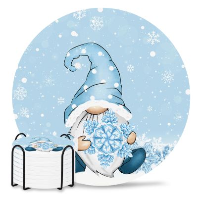 Christmas Coasters for Drinks Absorbent Coaster Sets of 8 with Holder Snowflake Gnome Blue Xmas Winter Ceramic Cup Coaster for Wooden Table, Bar, Housewarming Gifts, Holiday Party