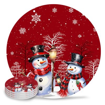 Christmas Coasters for Drinks Absorbent Coaster Sets of 4 with Cork Base Snowman Snowflake Red Xmas Winter Ceramic Cup Coaster for Wooden Table, Bar, Housewarming Gifts, Holiday Party