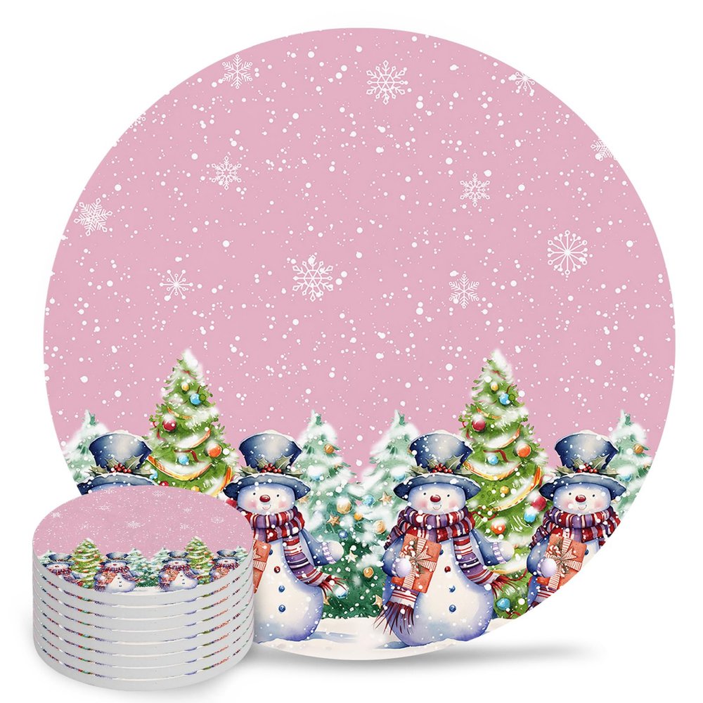 Christmas Coasters for Drinks Absorbent Coaster Sets of 8 with Cork Base Pink Xmas Snowman Snowflake Tree Winter Ceramic Cup Coaster for Wooden Table, Bar, Housewarming Gifts, Holiday Party