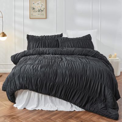 Bonlino Queen Comforter Set - Black Boho Shabby Chic Bedding for Bedroom - Fluffy 3 Piece Ruffle Comforter Set with Pillow