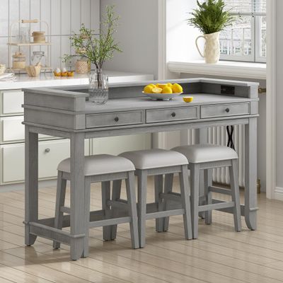 4-piece Dining Bar Table Set with 3 Upholstered Stools, Rubber Wood Counter Height Multifunctional Dining Table with 3 Drawers and USB Port, Side Table with Footrest Pub Kitchen Set (Grey-N2)