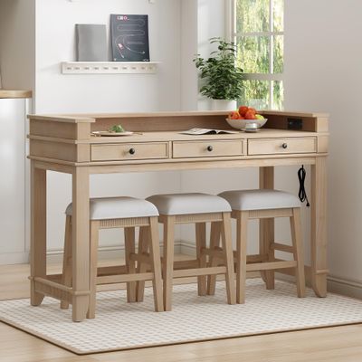 4-piece Dining Bar Table Set with 3 Upholstered Stools, Rubber Wood Counter Height Multifunctional Dining Table with 3 Drawers and USB Port, Side Table with Footrest Pub Kitchen Set (Natural-N2)