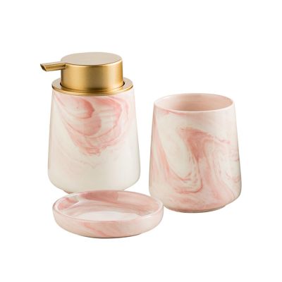 AOPPLSOT Soap Dispenser Set Marble Look, 4-Piece Bathroom Toothbrush Cup Set, Soap Dish, Soap Dispenser, Pump, Cup, Toothbrush Holder, Ceramic,Pink 3