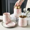 AOPPLSOT Soap Dispenser Set Marble Look, 4-Piece Bathroom Toothbrush Cup Set, Soap Dish, Soap Dispenser, Pump, Cup, Toothbrush Holder, Ceramic,Pink 3 view 2
