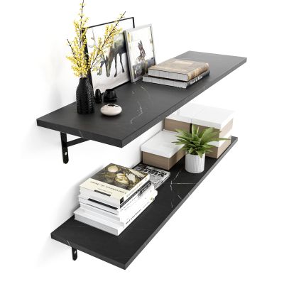 Kaboon 36 inch Long 10 inch Deep Floating Shelves for Wall Set of 2, Large Open Shelves Wall Mounted, Space Saving Home and Commercial Use, Cloud Atlas/Black Marble