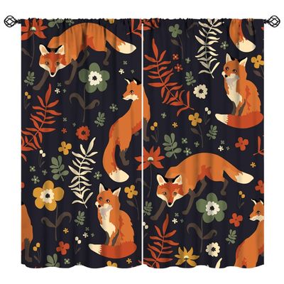 Autumn Fox Curtains Colorful Botanical Floral Leaf Cartoon Cute Animal Fox Orange Art Print for Kids Girls Boys Bedroom Living Room Decor Rod Pocket Blackout Window Drape 63x63in