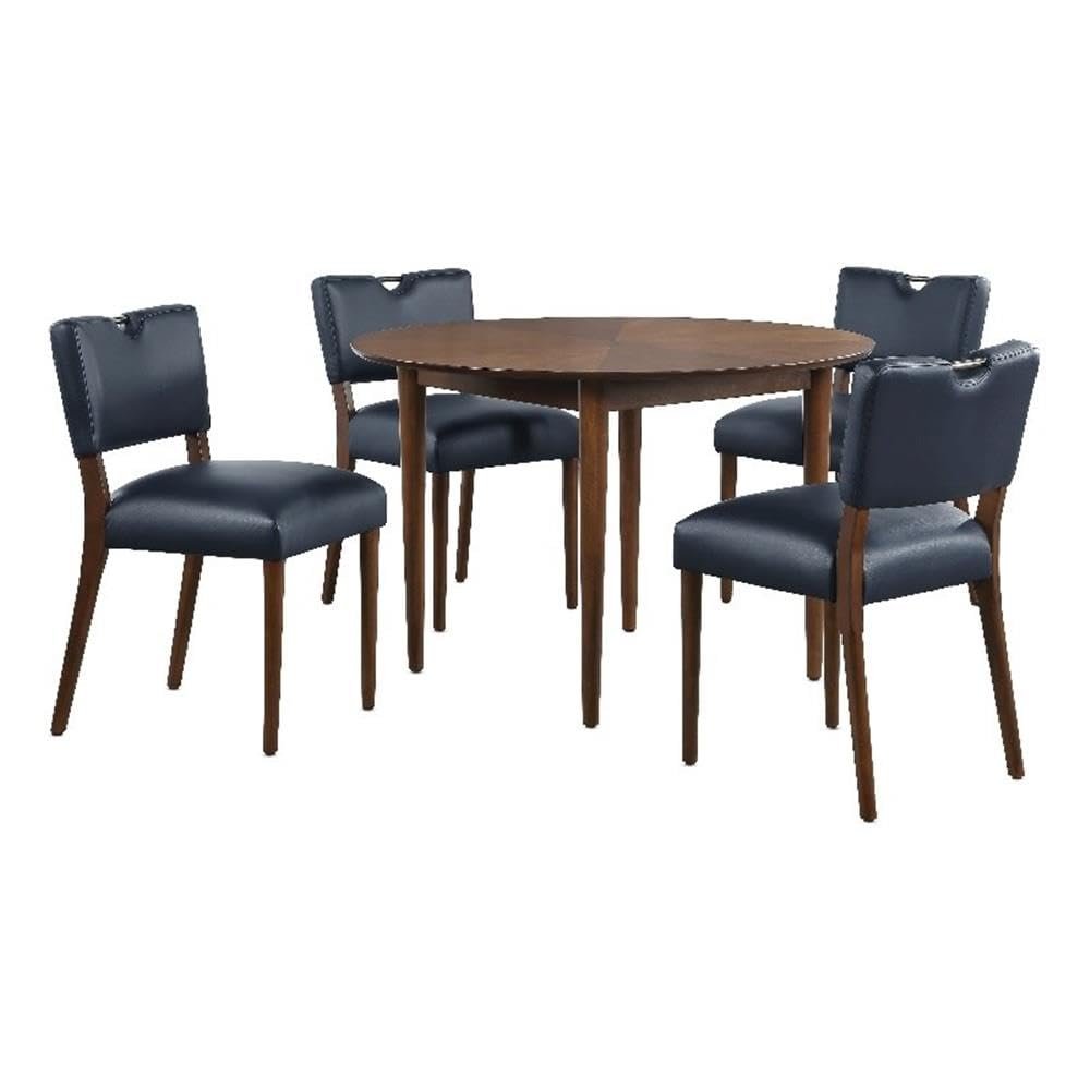 Comfort Pointe Bonito Midnight Blue Faux Leather 5-Piece Round Dining Set in Walnut Finish
