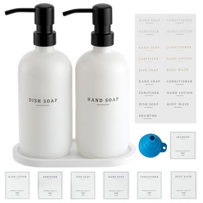 Glass Soap Dispenser - Dish Hand Soap Dispenser for Kitchen Set, Bathroom Soap Lotion Dispenser with 304 Rust Proof Pump, Tray, White Bottle/Black Pump