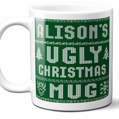 Alison Name Christmas Gift. Personalized Ugly Christmas Sweater Coffee Mug. Funny Custom Xmas Gift, Stocking Stuffer For Friends, Coworkers And Person Who Has Everything. 11 Ounces.