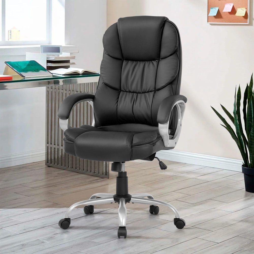 Modern Black Ergonomic Swivel High Back Office Chair with Lumbar Support Contemporary Leather Stainless Steel Adjustable Height Rolling
