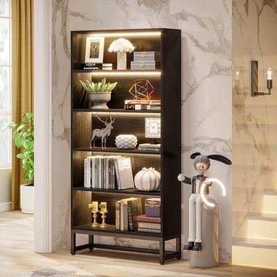 70.8" Tall Bookcase 5-Tier Black Bookshelf with Led Lights for Home Modern Contemporary Wood Finish Solid