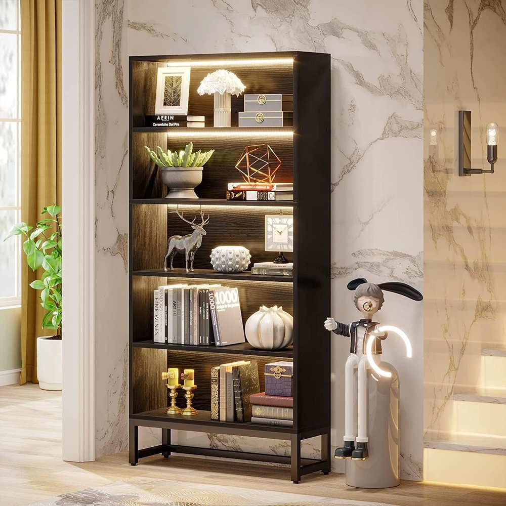 70.8" Tall Bookcase 5-Tier Black Bookshelf with Led Lights for Home Modern Contemporary Wood Finish Solid