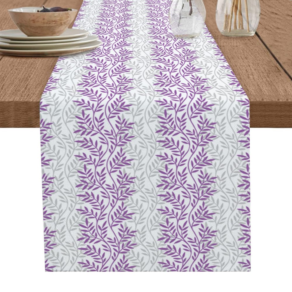 Abstract Branch Cotton and Linen Table Runner 13 x 108 Inch, Gray and Purple Gradient Dinning Table Runner for Farmhouse,Wedding, Party,Barbecue Table Decor