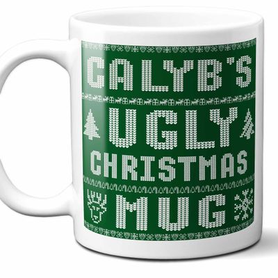 Calyb Name Christmas Gift. Personalized Ugly Christmas Sweater Coffee Mug. Funny Custom Xmas Gift, Stocking Stuffer For Friends, Coworkers And Person Who Has Everything. 11 Ounces.