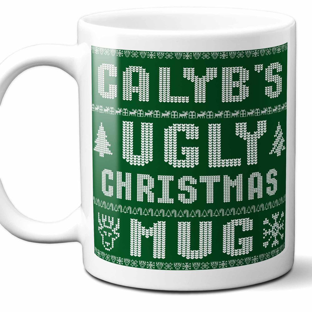 Calyb Name Christmas Gift. Personalized Ugly Christmas Sweater Coffee Mug. Funny Custom Xmas Gift, Stocking Stuffer For Friends, Coworkers And Person Who Has Everything. 11 Ounces.