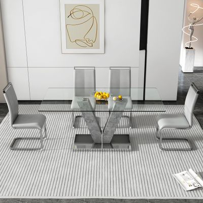 Ginxesh 70" Glass Kitchen Table and Chairs for 4,Tempered Glass Top with Metal Base,PU Chair with Metal Legs for Kitchen Dining Living Room (4, 1 Grey Table+4 Light Grey Chairs)