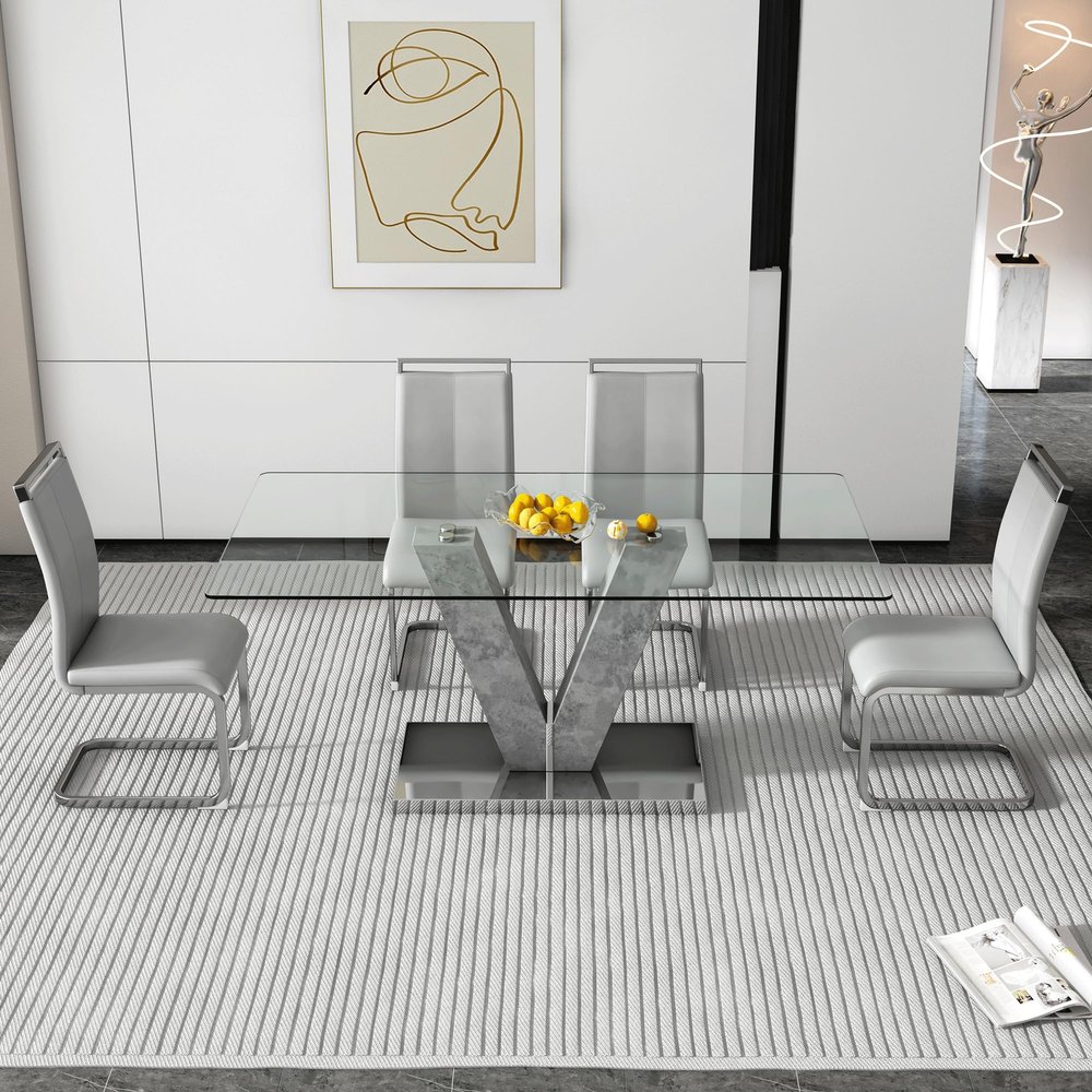 Ginxesh 70" Glass Kitchen Table and Chairs for 4,Tempered Glass Top with Metal Base,PU Chair with Metal Legs for Kitchen Dining Living Room (4, 1 Grey Table+4 Light Grey Chairs)