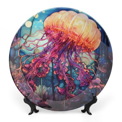 Abstract Watercolor Ocean Jellyfish on Plate for Home Office Wall Decor Decorative Plate with Display Stand Ceramic Ornament Wall Art Porcelain Keepsake Collectible Plate Holiday Party Favor 7"