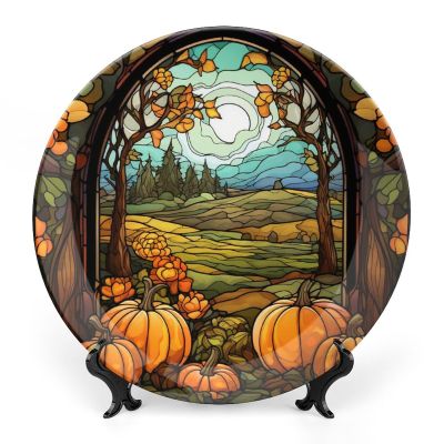 Decorative Plate Wall Mount Display Halloween Watercolor Pumpkin Ceramic Round Plate with Stand Household Plates Ornament Dessert Plates Home Decor Wall Art for Living Room Bathroom 6"