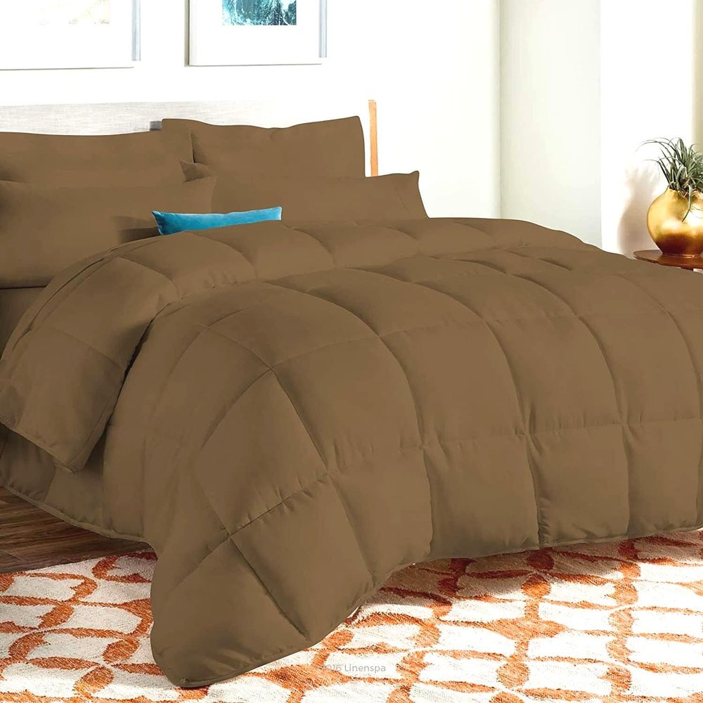 AHJ Beddings Luxurious 1000 Thread Count Emperor/Wyoming King Size 8 Piece Bed in a Bag (500GSM Fiber Fill Comforter, 21" Deep Pocket Sheet Set and Bed Skirt) 100% Egyptian Cotton - Taupe Solid