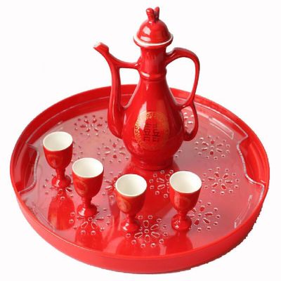 MXITA Wedding ceramic wine set Chinese wedding hip flask festive toast cup new toast red wine glass (1 pot, 4 cups, and tray set)
