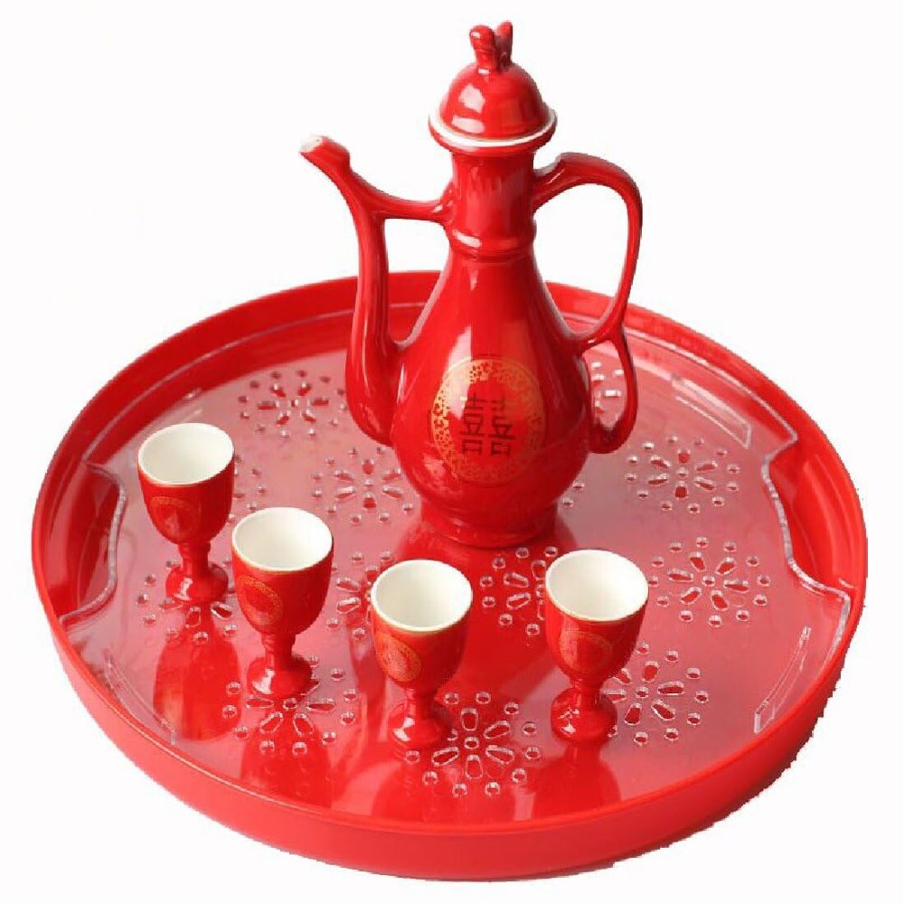 MXITA Wedding ceramic wine set Chinese wedding hip flask festive toast cup new toast red wine glass (1 pot, 4 cups, and tray set)