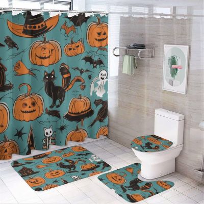 ZGDPBYF 3 Piece Bathroom Rugs Set, Halloween Non-Slip Soft Bath Mat Set, Gothic Pumpkin Bat Bathroom Mat, Living Room Bedroom Mat, Machine Washable, Dries Quickly,