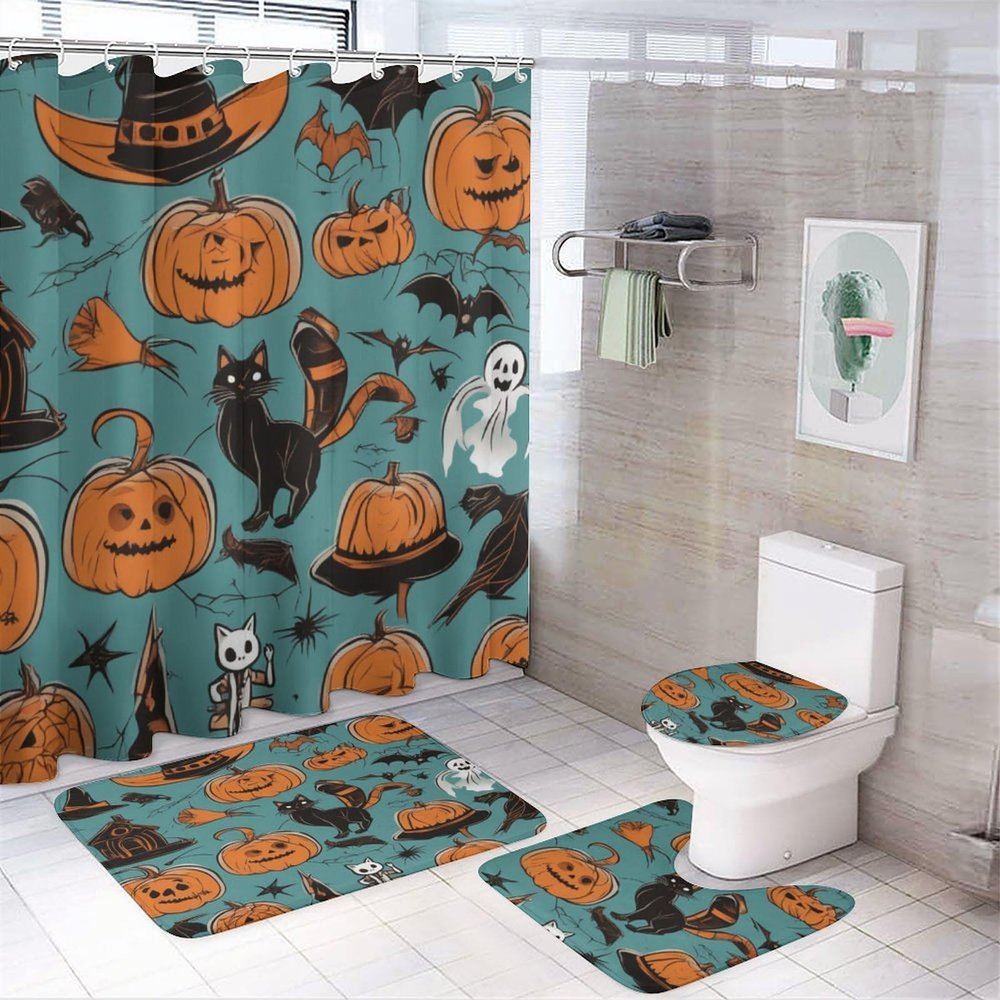 ZGDPBYF 3 Piece Bathroom Rugs Set, Halloween Non-Slip Soft Bath Mat Set, Gothic Pumpkin Bat Bathroom Mat, Living Room Bedroom Mat, Machine Washable, Dries Quickly,