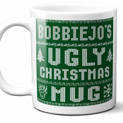 Bobbiejo Name Christmas Gift. Personalized Ugly Christmas Sweater Coffee Mug. Funny Custom Xmas Gift, Stocking Stuffer For Friends, Coworkers And Person Who Has Everything. 11 Ounces.