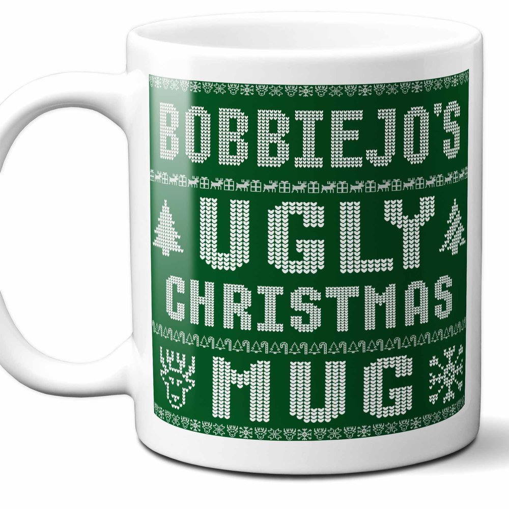 Bobbiejo Name Christmas Gift. Personalized Ugly Christmas Sweater Coffee Mug. Funny Custom Xmas Gift, Stocking Stuffer For Friends, Coworkers And Person Who Has Everything. 11 Ounces.