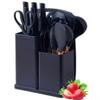 19 Pieces Kitchen Utensils and Knife Set with Block, with 9 Piece Silicone Cooking Utensils Set 5 Piece Sharp Stainless Steel Chef Knife Scissors Whisk Tongs and Cutting Board (Dark Black) view 1