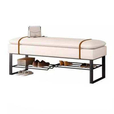 KAMPCO Entryway Storage Bench with Cushioned Seat Shoe Rack, PU Leather Padded Seating, Black Metal Legs, Ottoman Bench for Indoor End of Bed Living Room Dorm
