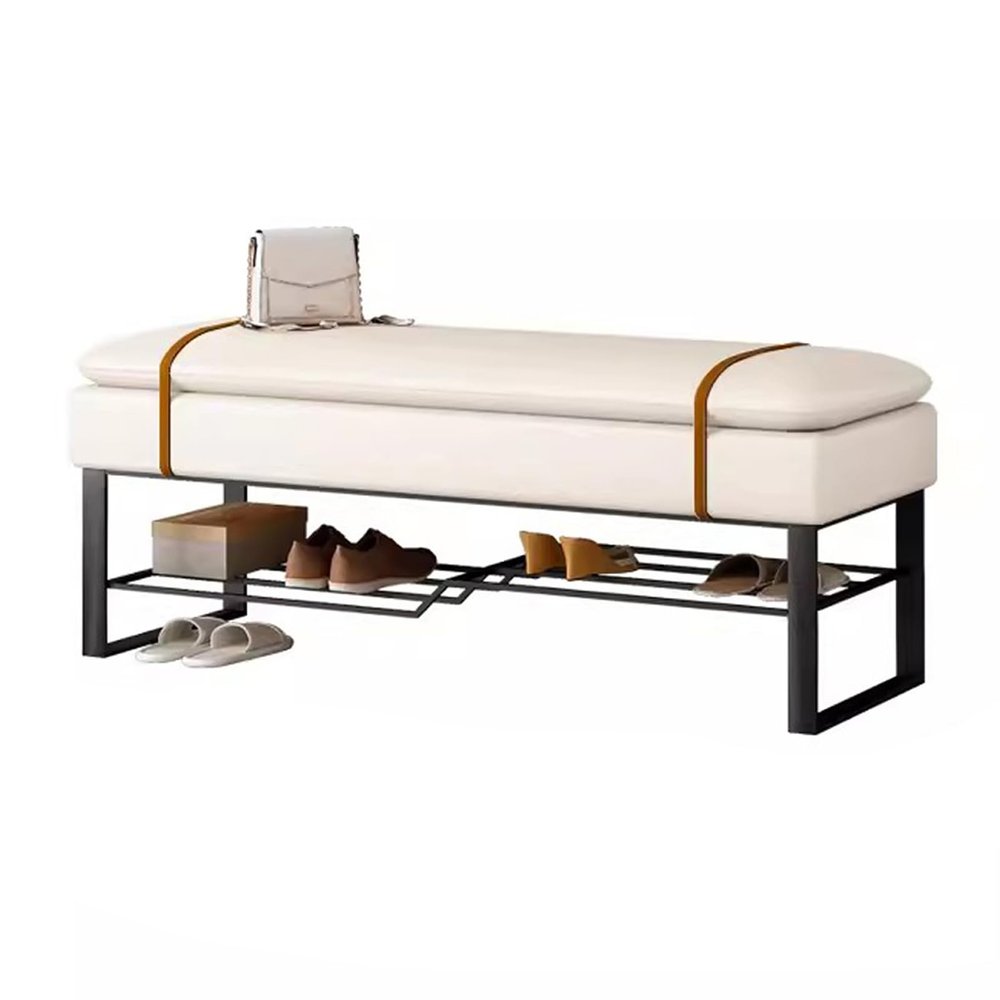 KAMPCO Entryway Storage Bench with Cushioned Seat Shoe Rack, PU Leather Padded Seating, Black Metal Legs, Ottoman Bench for Indoor End of Bed Living Room Dorm