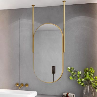 Hamankim Ceiling Hanging Mirror,Oval Floating Bathroom Vanity Mirrors,with Metal Framed Decorative Wall Mirror and Customizable Ceiling-Mounted Boom - Gold (Size : 50cmx60cm)