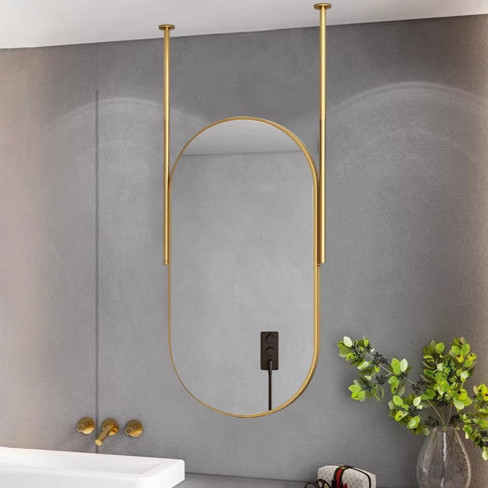 Hamankim Ceiling Hanging Mirror,Oval Floating Bathroom Vanity Mirrors,with Metal Framed Decorative Wall Mirror and Customizable Ceiling-Mounted Boom - Gold (Size : 50cmx60cm)