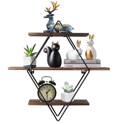 DIRKES 3 Tier Industrial Geometry Wood Floating Shelf Heavy Duty Hanging Wall Mounted Unit,for Bedroom House Bedside Nightstand Home Office Family(Items on Shelves not Included)