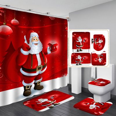 4Pcs Christmas Bathroom Sets with Shower Curtain, Rugs, Toilet Lid Cover and Bath Mat, Christmas Tree Santa Claus Snowman Gnome Chritsmas Shower Curtain Set for Winter Holiday Bathroom Decor (Set C)