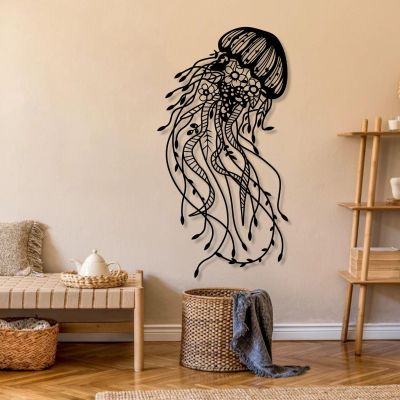 Jellyfish Metal Wall Art, Marine Life Metal Wall Art, Ocean Metal Wall Art, Jellyfish Art Work, Metal Wall Art Home Decor, Black Metal Wall Decor, Metal Wall Art for Living Room (Black, 30"x16" | 76x39.5 cm)