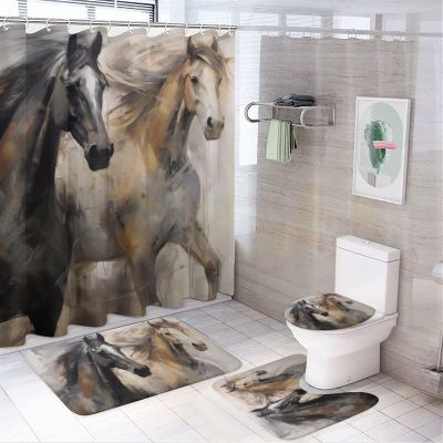 Dunmat 4Pcs Horse Full of Energetic Shower Curtain Sets for Bathroom