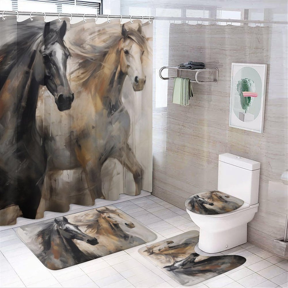 Dunmat 4Pcs Horse Full of Energetic Shower Curtain Sets for Bathroom